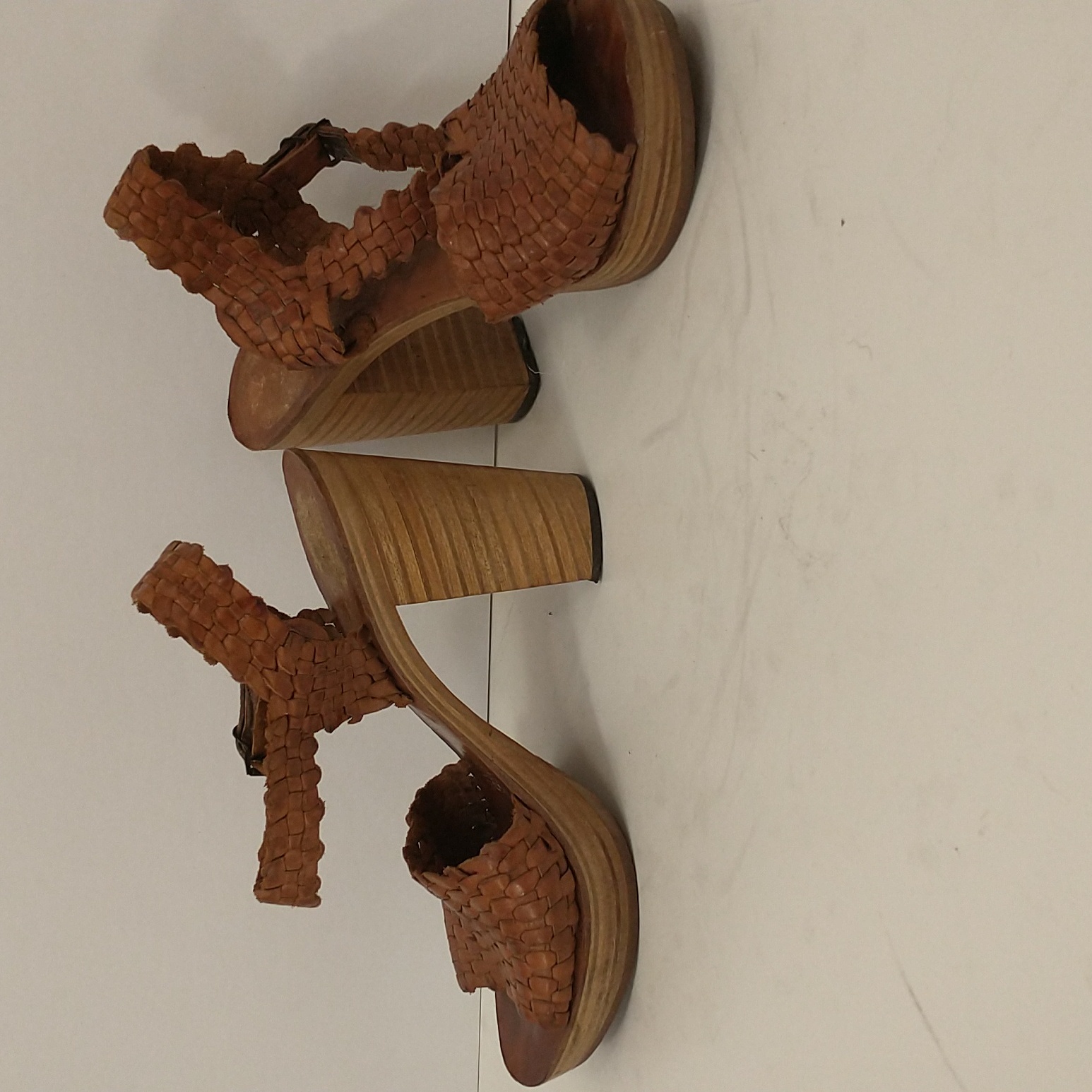 70s Vintage Platform Sandals Sz 8 Woven Leather W Stacked Wood 4" High Heel